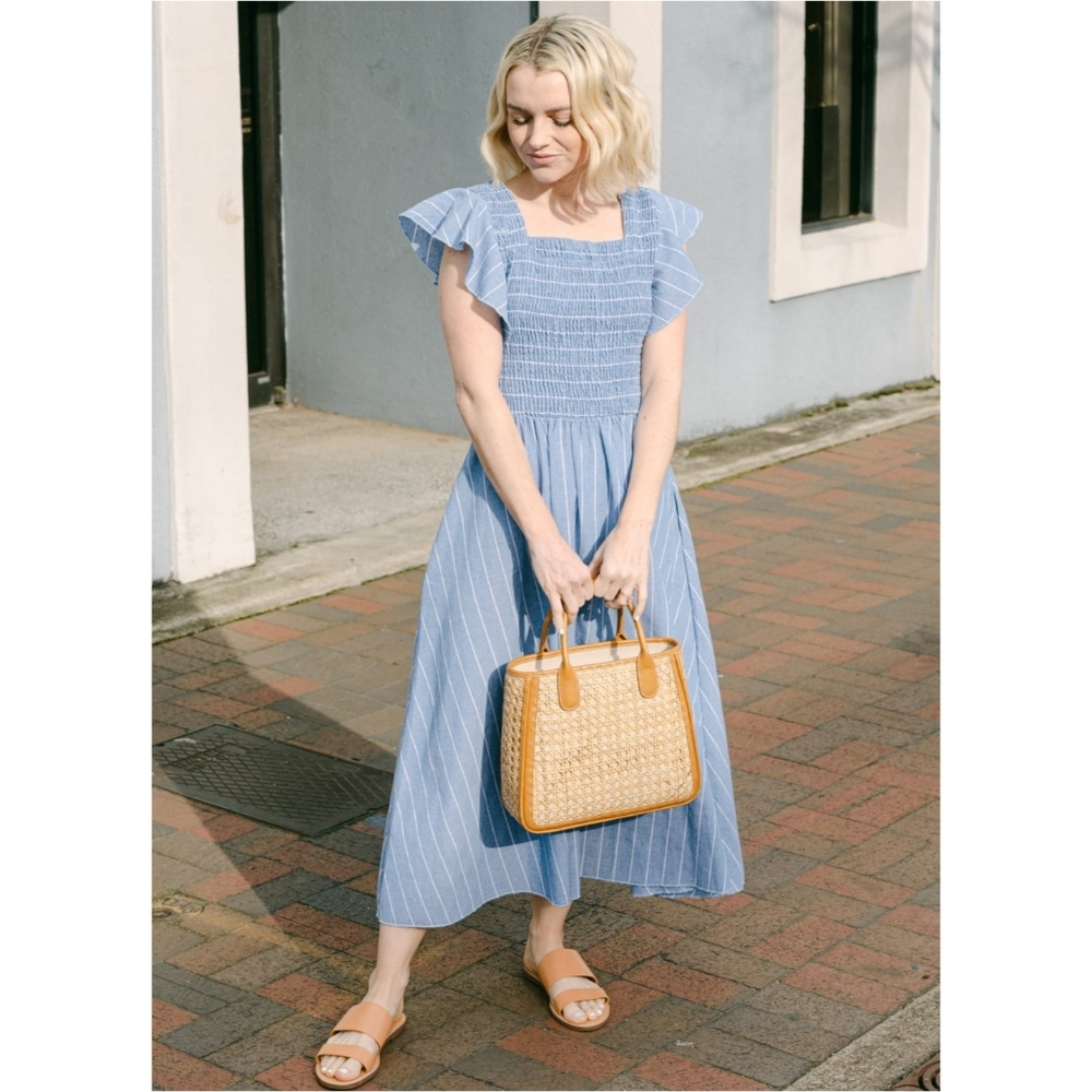 Cupshe Size S Blue Striped Smocked Square Neck Ruffled Sleeve Summer Dress